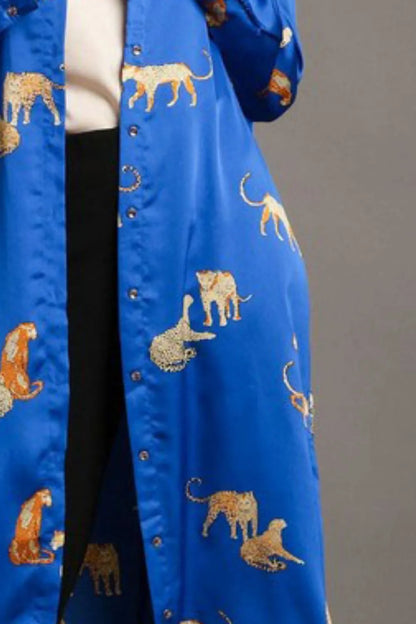 Full Size Animal Print Button Down Midi Shirt Dress Plus Size - Royal Blue - product view 3
