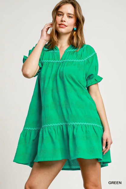 Heart Pattern Short Sleeve Ruffle Babydoll Dress - Green - product view 1
