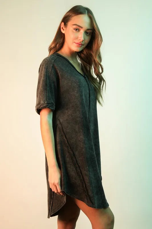Mineral Washed Ribbed Knit Mini Dress in Black - product view 2