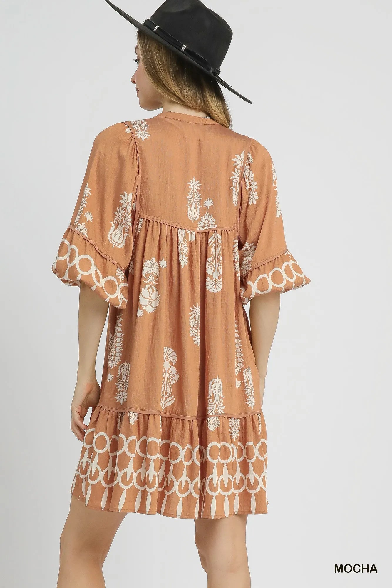 Boarder Print Tassel Tie Neck Mini Dress in Mocha - product view 3