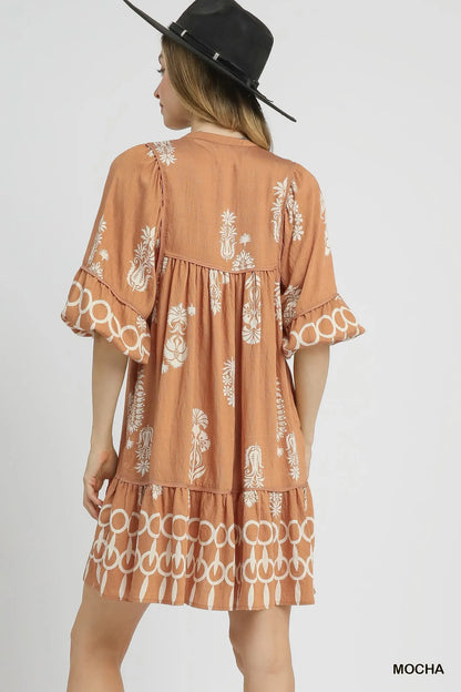 Boarder Print Tassel Tie Neck Mini Dress in Mocha - product view 3