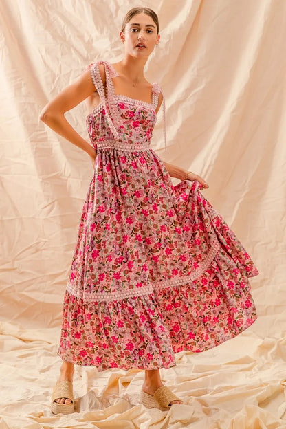Floral Maxi Dress With Ribbon Tie Lace Strap in Pink Combo - product view 11
