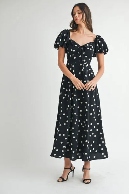 Polka Dot Puff Sleeve Midi Dress - Black - product view 5