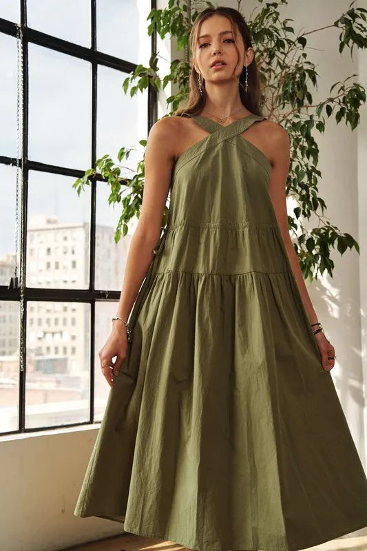 Crisscross Wide Strap Drawstring Detail Midi Dress in Moss - product view 2