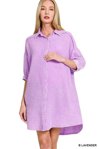 Washed Double Gauze Button Down Shirt Dress - B Lavender - product view 1