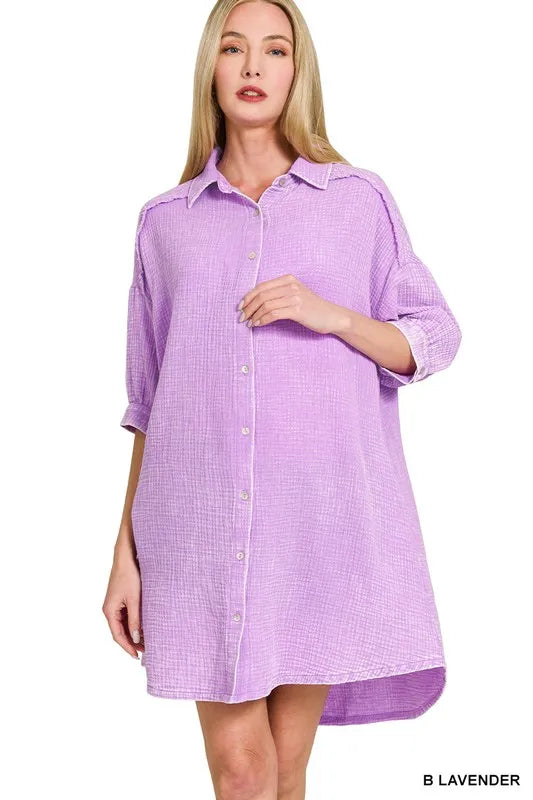 Washed Double Gauze Button Down Shirt Dress - B Lavender - product view 1