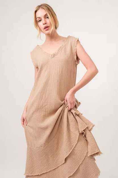 Washed Cotton Gauze Fringe Detail Tiered Dress - Sand - product view 2