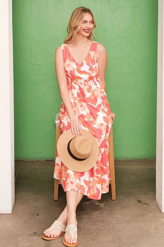 Sleeveless Floral Print V-Neck Midi Dress in Orange - product view 8