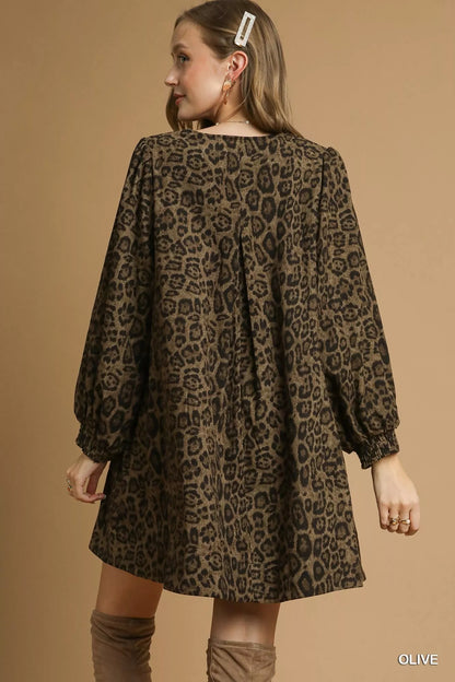 Leopard Print Long Sleeve Swing Dress in Olive - product view 4