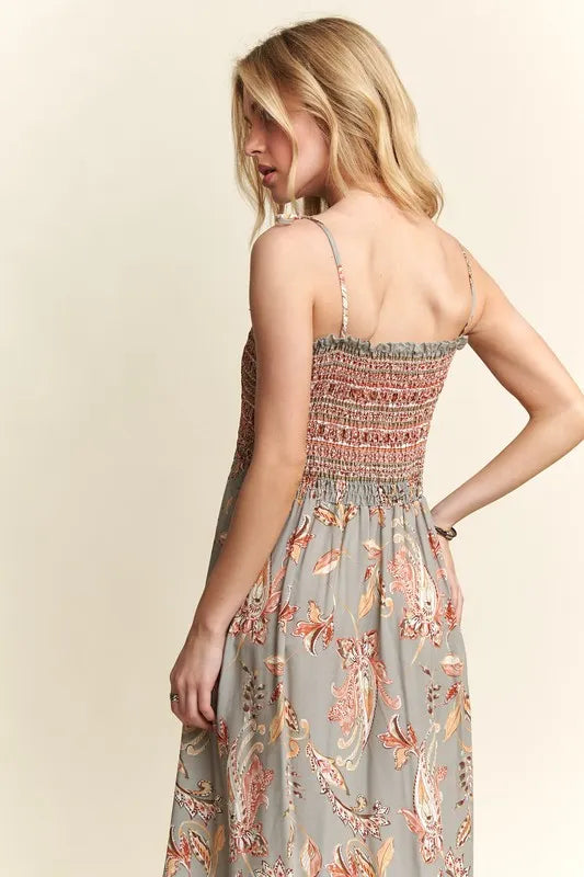 Smocked Printed Square Neck Tie Shoulder Cami Dress - Sage - product view 6