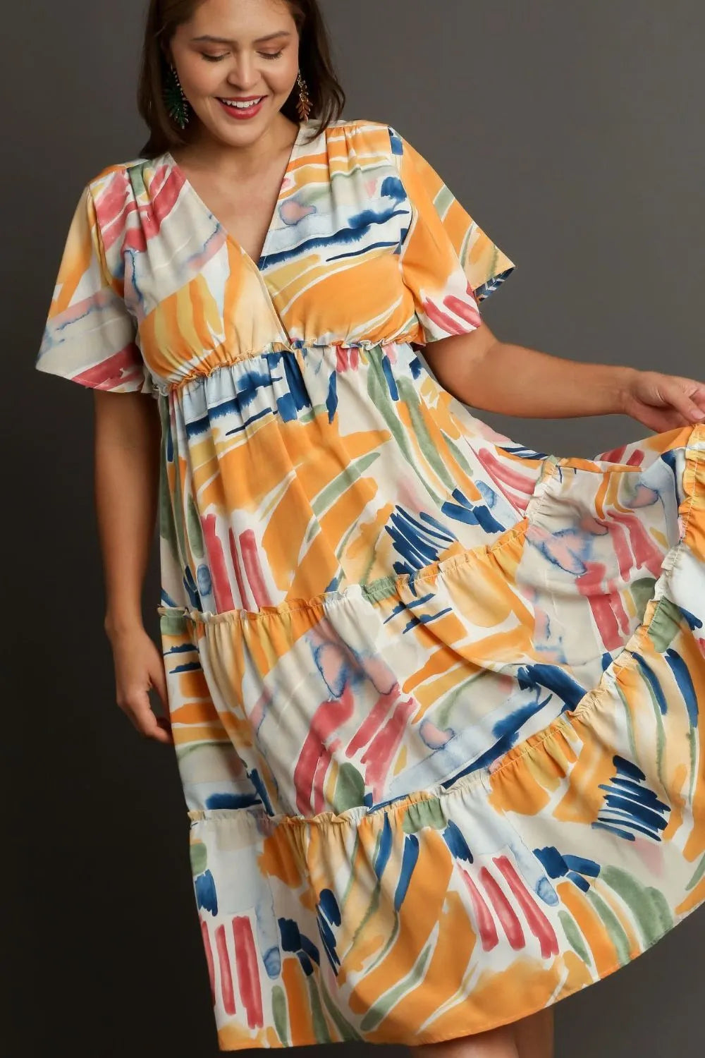 Full Size Abstract Print Flutter Sleeve Frill Tiered Midi Dress Plus Size in Tangerinemix - product view 5