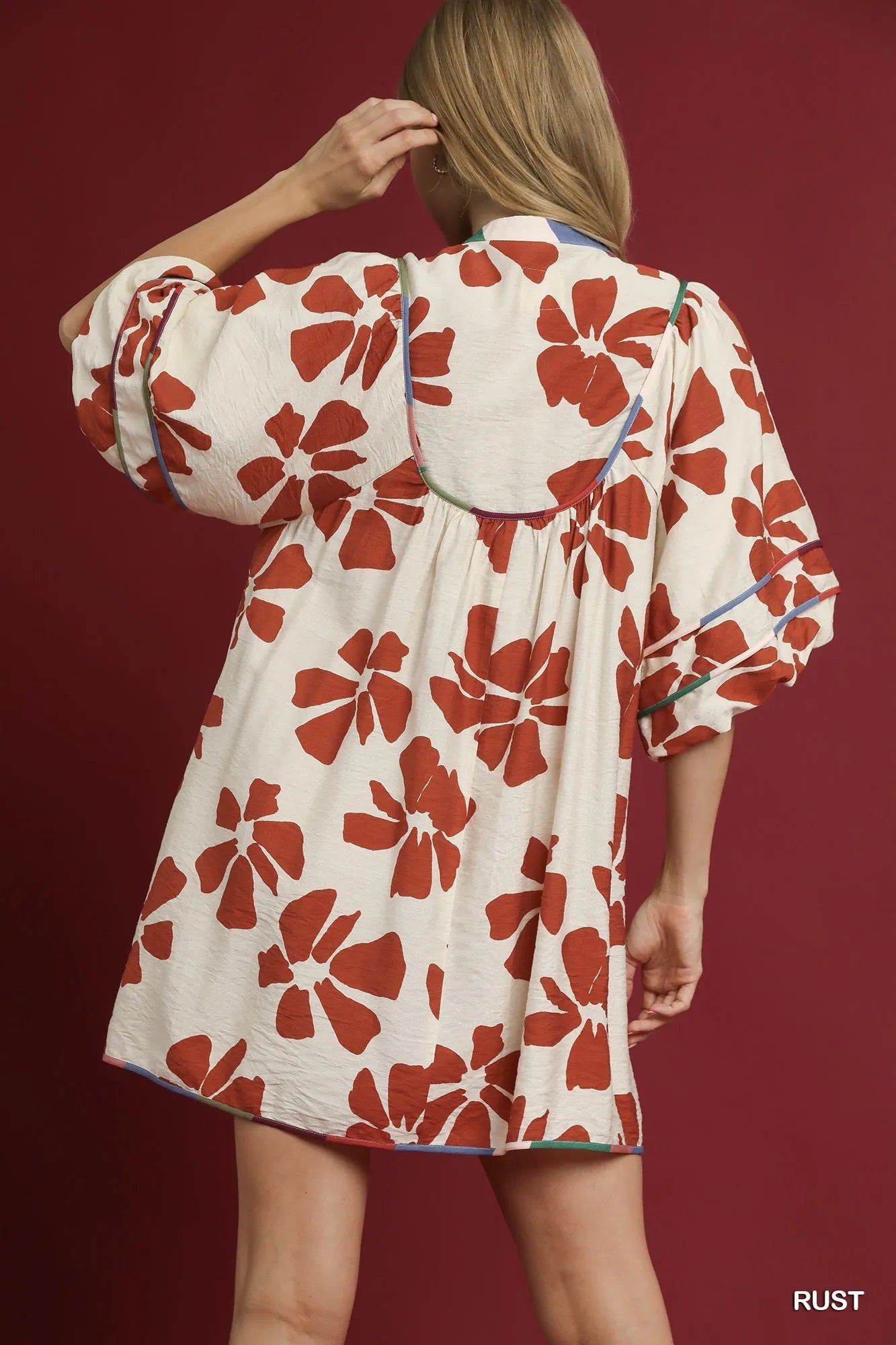 Two Tone Floral Tie-Neck Babydoll Dress in Rust - product view 4