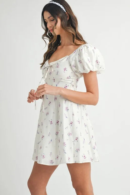 Floral Print Puff Sleeve Mini Dress - Off White - product view 6