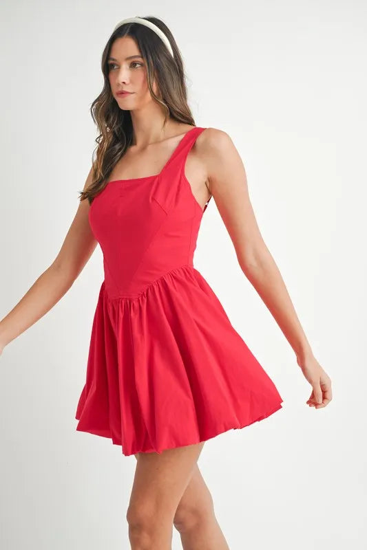Poplin Square Neckline Bubble Mini Dress in Red - product view 4