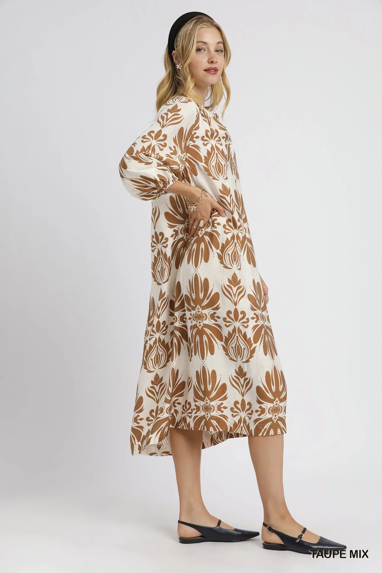 Mix Abstract Floral Print Midi Dress - Taupe Mix - product view 3