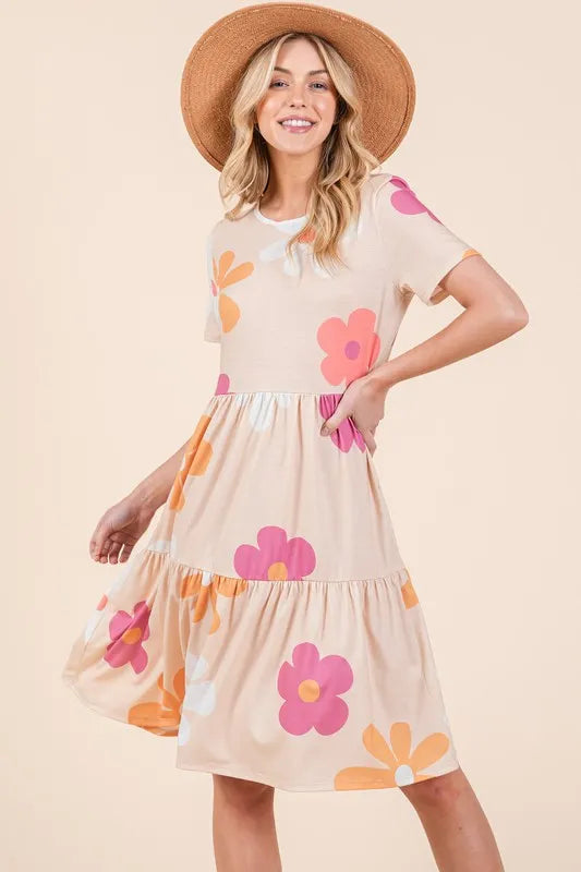 Floral Round Neck Short Sleeve Tiered Dress - Apricot - product view 5
