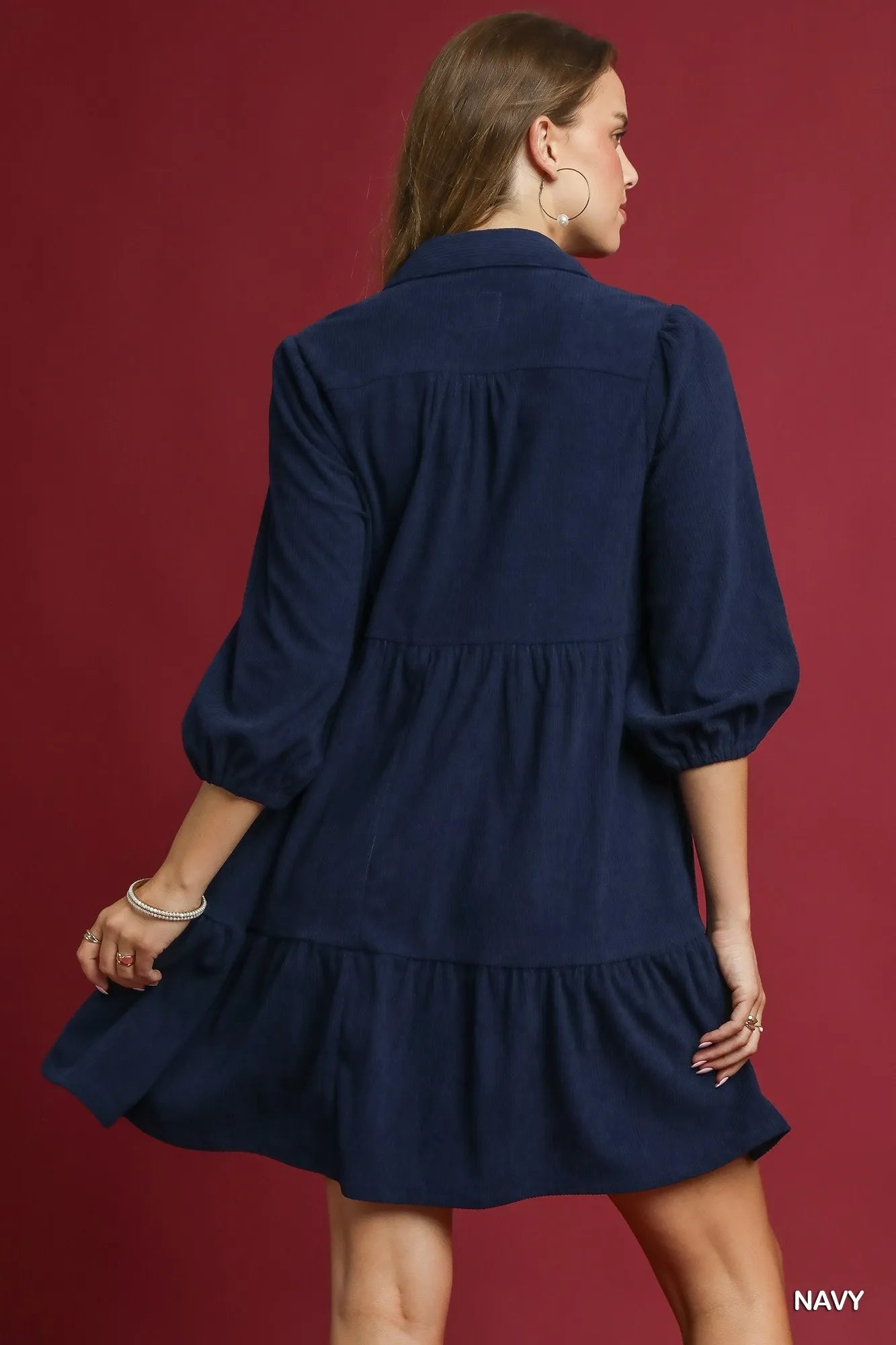 Tiered Corduroy Mini Dress with Balloon Sleeves - Navy - product view 4