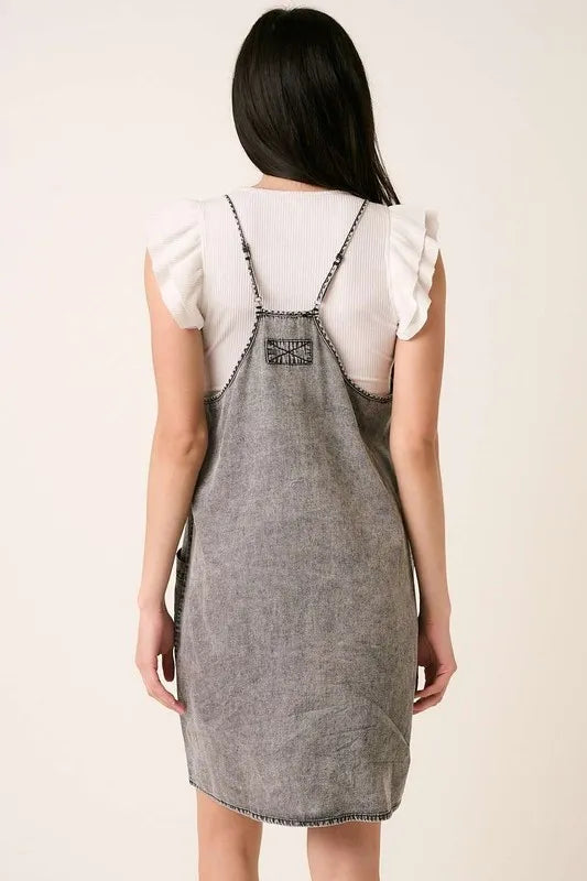 Washed Patch Pocket Mini Cami Denim Dress in Gray - product view 3