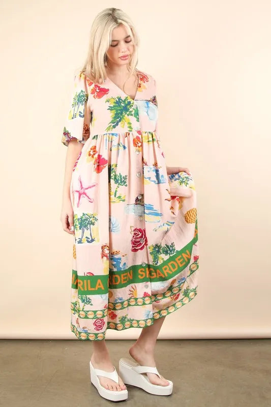 Button Down Printed Midi Dress - Blush Mix - product view 1