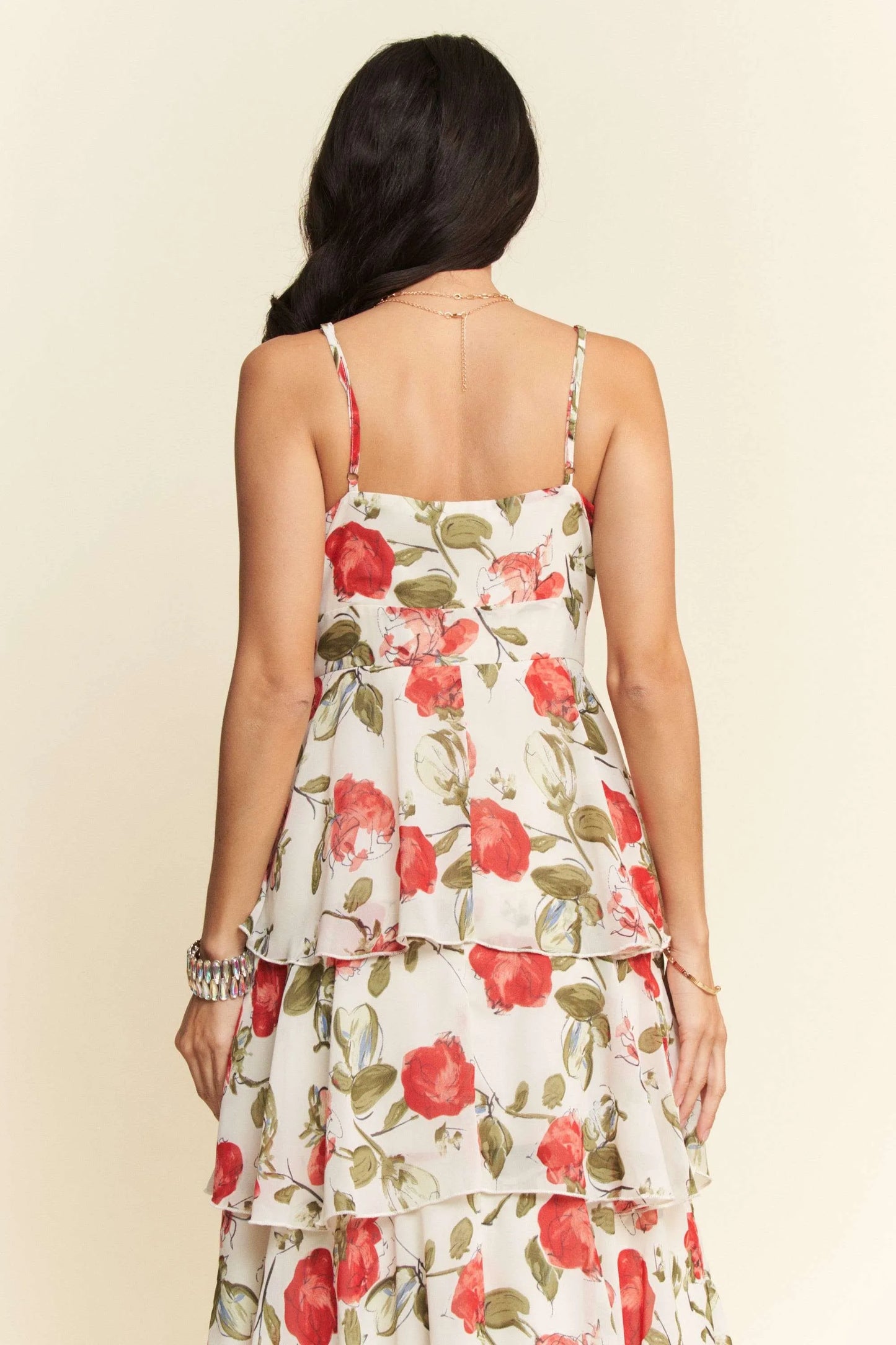 Contrast Ring Lace Layered Ruffle Maxi Cami Dress in Ivory Red - product view 10