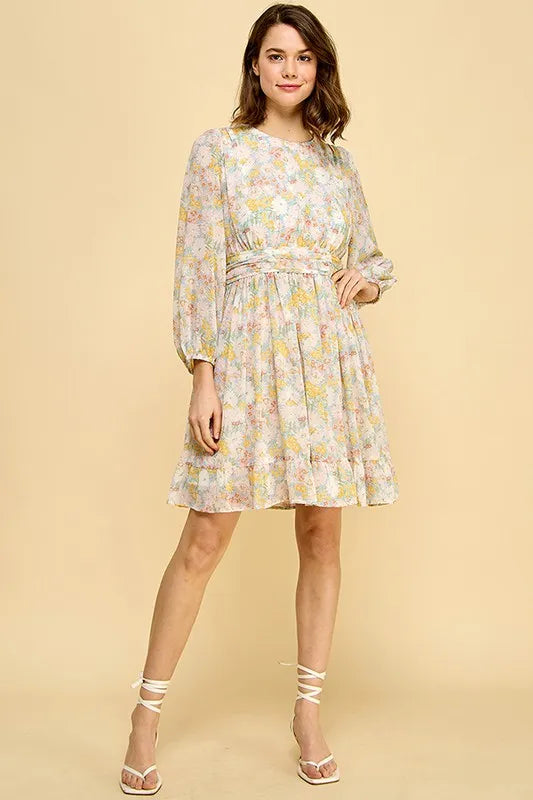 Chiffon Floral Print Belted Dress with Back Zipper - Blue Floral - product view 7