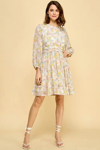 Chiffon Floral Print Belted Dress with Back Zipper - Blue Floral - product view 7