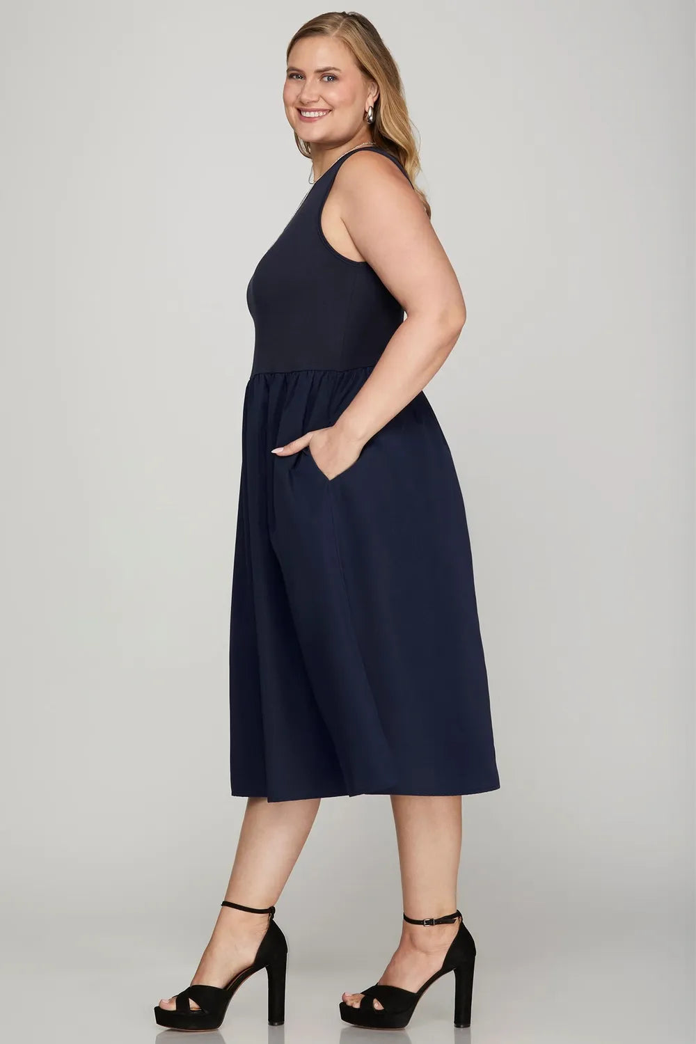 Full Size Sleeveless Poplin Woven Midi Dress with Pockets Plus Size - Dark Navy - product view 3