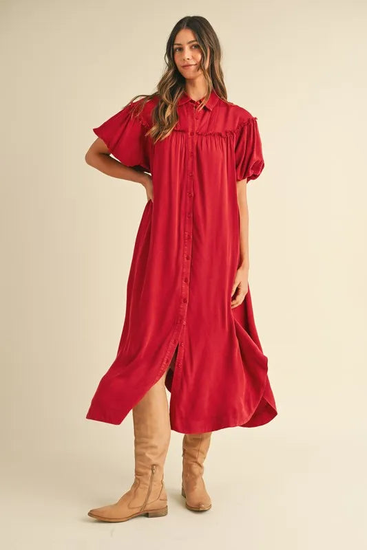 Mineral Washed Button Down Puff Sleeve Shirt Dress - Deep Red - product view 1