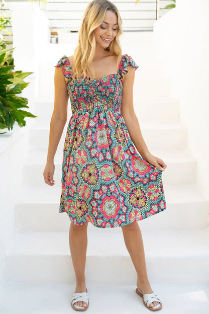 Printed Smocked Sleeveless Dress in Multi - product view 4