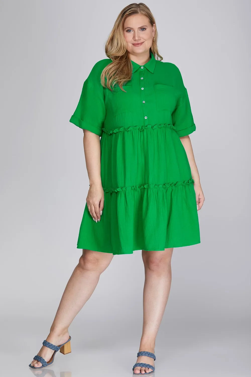 Full Size Button Front Frill Tiered Mini Dress Plus Size - Green - product view 3