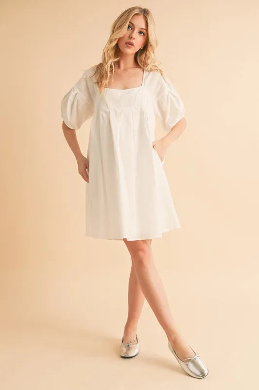 Square Neck Babydoll Dress with Pockets - White - product view 4