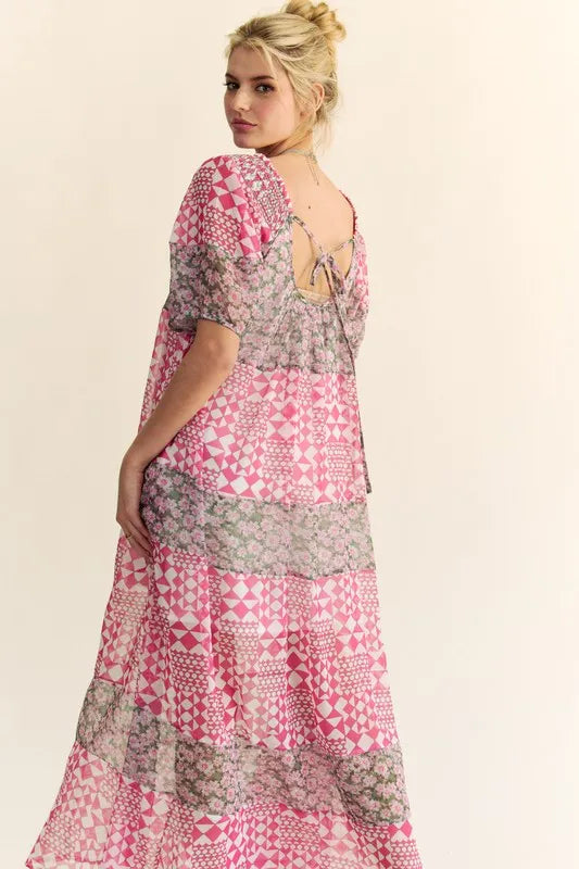 Multi Floral Square Neck Puff Sleeve Maxi Dress in Indian Pink - product view 10