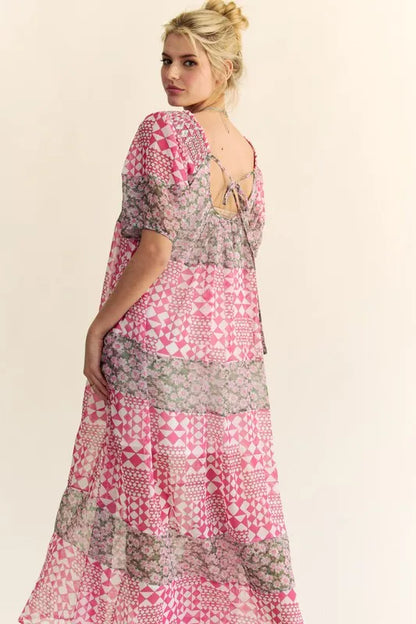 Multi Floral Square Neck Puff Sleeve Maxi Dress in Indian Pink - product view 10