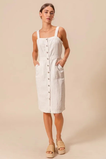 Button Down Pocket Front Pinafore Dress - Off White - product view 5