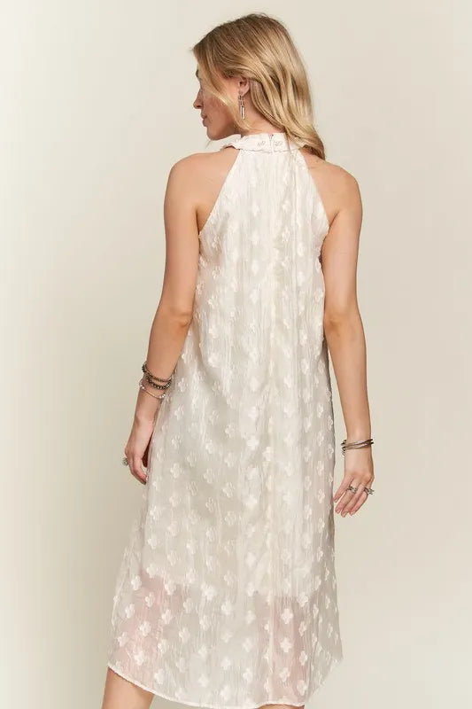Applique Pearl Detail Grecian Neck Midi Dress in Beige - product view 5
