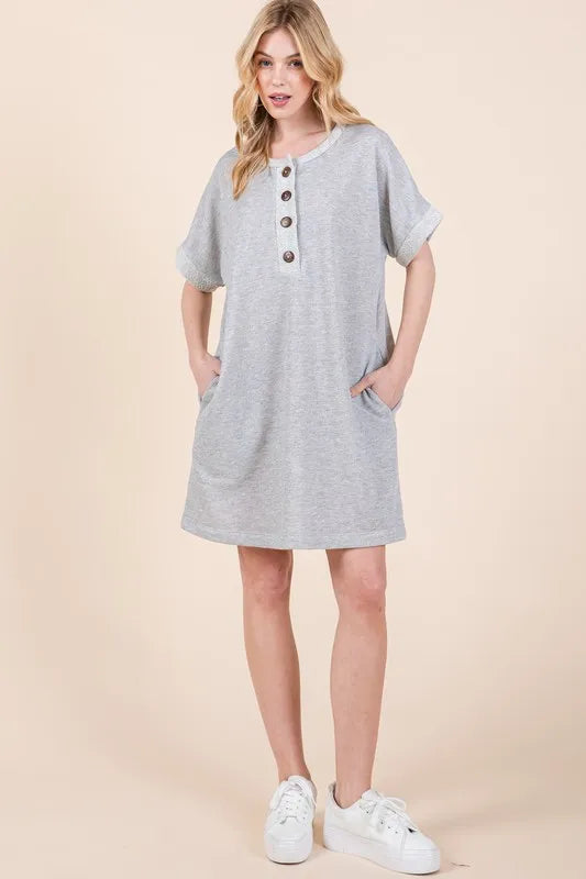 Casual Contrast Trim Henley Dress - Grey - product view 1