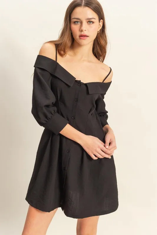 Button Down Spaghetti Strap Mini Dress with Pockets - Black - product view 1