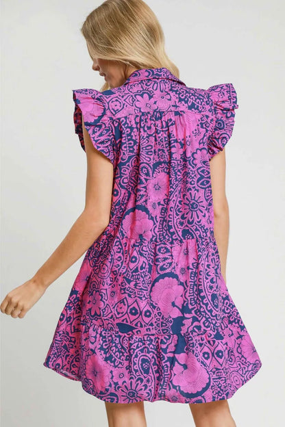 Full Size Printed Ruffle Cap Sleeve Babydoll Dress Plus Size - Navy/Pink - product view 1