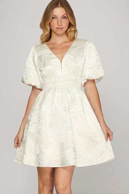 Crinkle Woven V-Neck Balloon Sleeve Mini Dress - Off White - product view 1