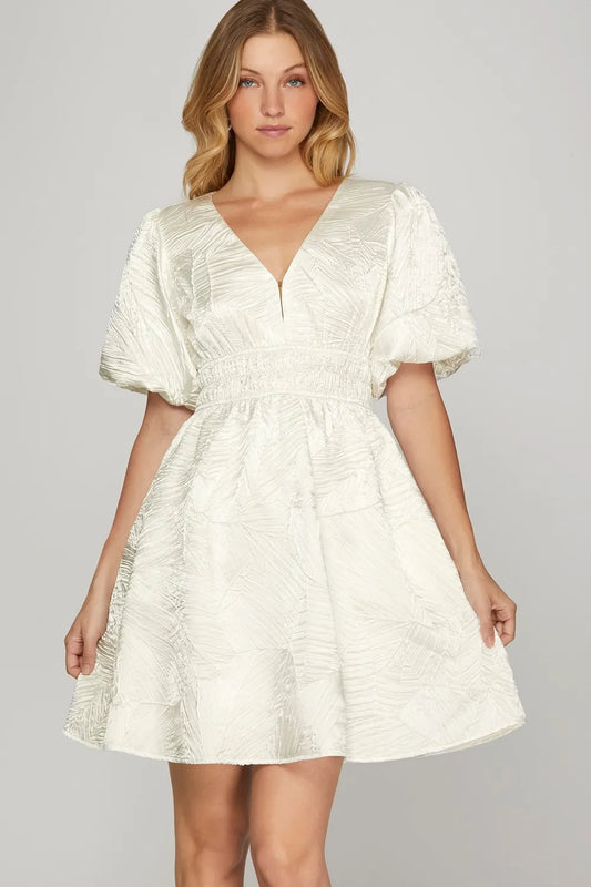 Crinkle Woven V-Neck Balloon Sleeve Mini Dress - Off White - product view 1