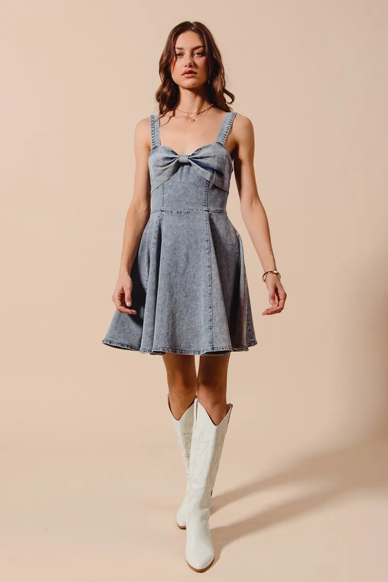Mineral Washed Bow Ribbon Denim Flare Dress - product view 11
