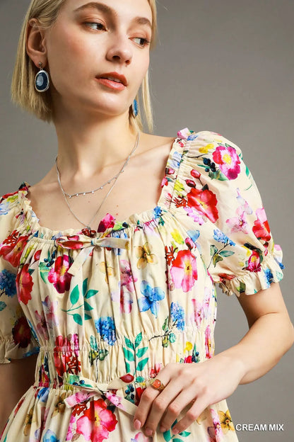 Floral Print Puff Sleeve Mini Dress - Cream - product view 5