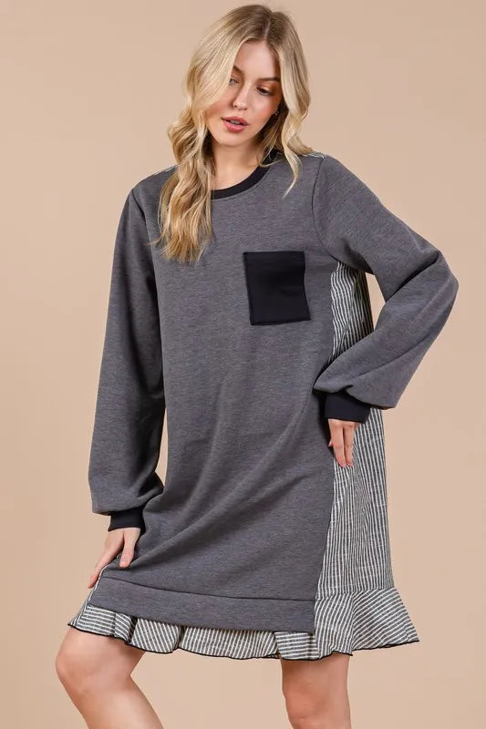 Ces Femme Striped Patchwork Round Neck Terry Sweatshirt Dress in Charcoal - product view 4