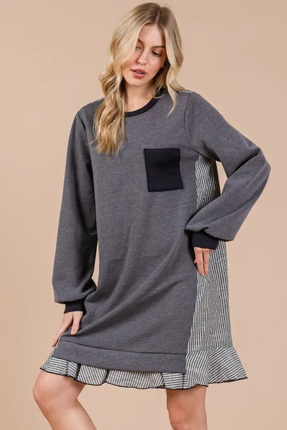 Ces Femme Striped Patchwork Round Neck Terry Sweatshirt Dress in Charcoal - product view 4