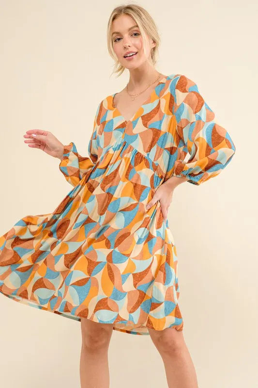 Printed Open Back Puff Sleeve Casual Dress in Blue Multi - product view 2