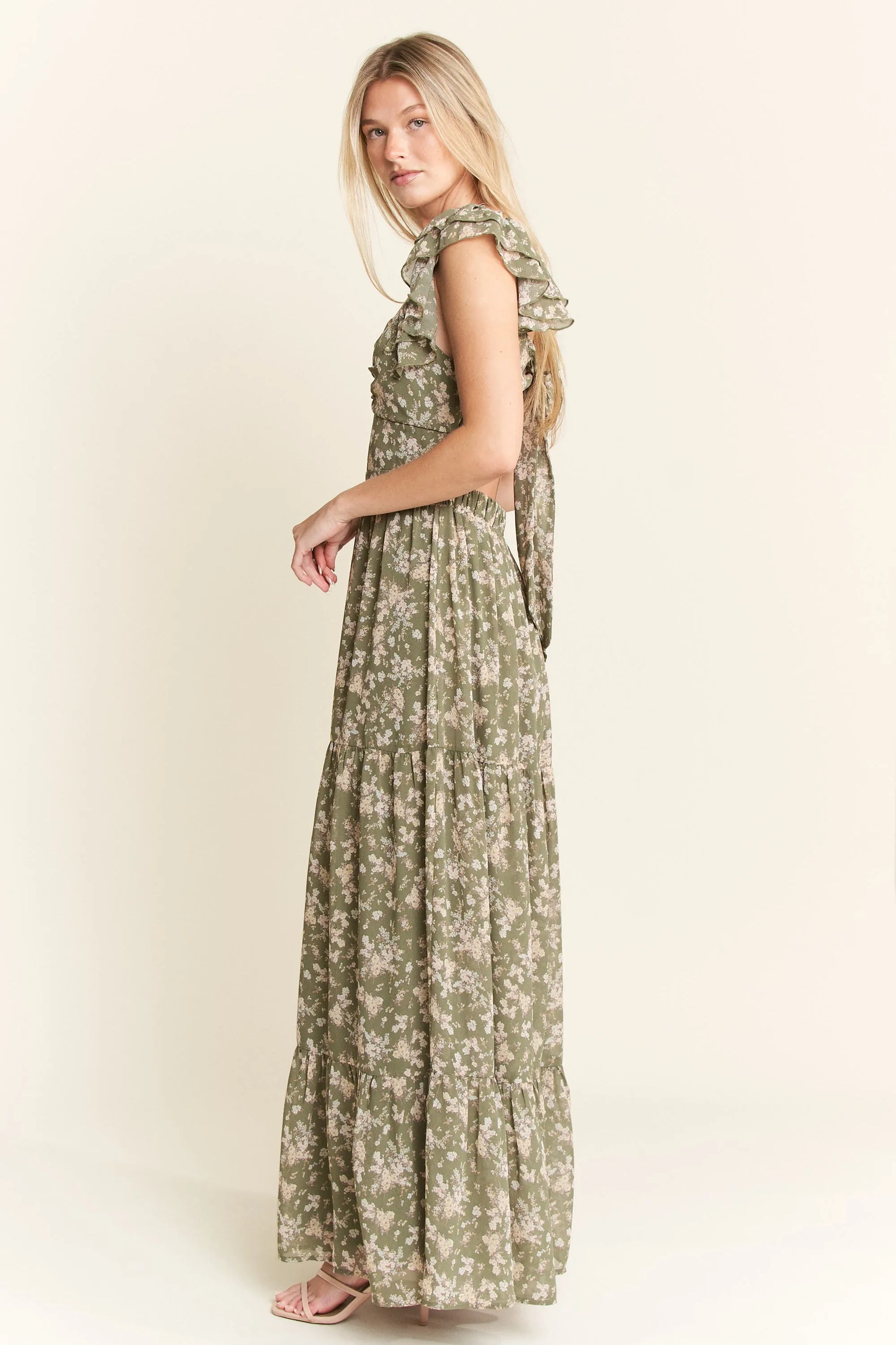 Ruffle Sleeve Tiered Maxi Dress - Sage - product view 6