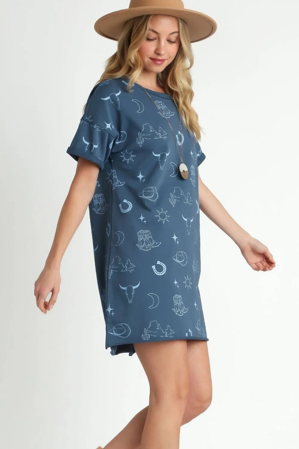 Full Size French Terry Short Sleeve Round Neck Dress Plus Size - Peacock Blue - product view 3