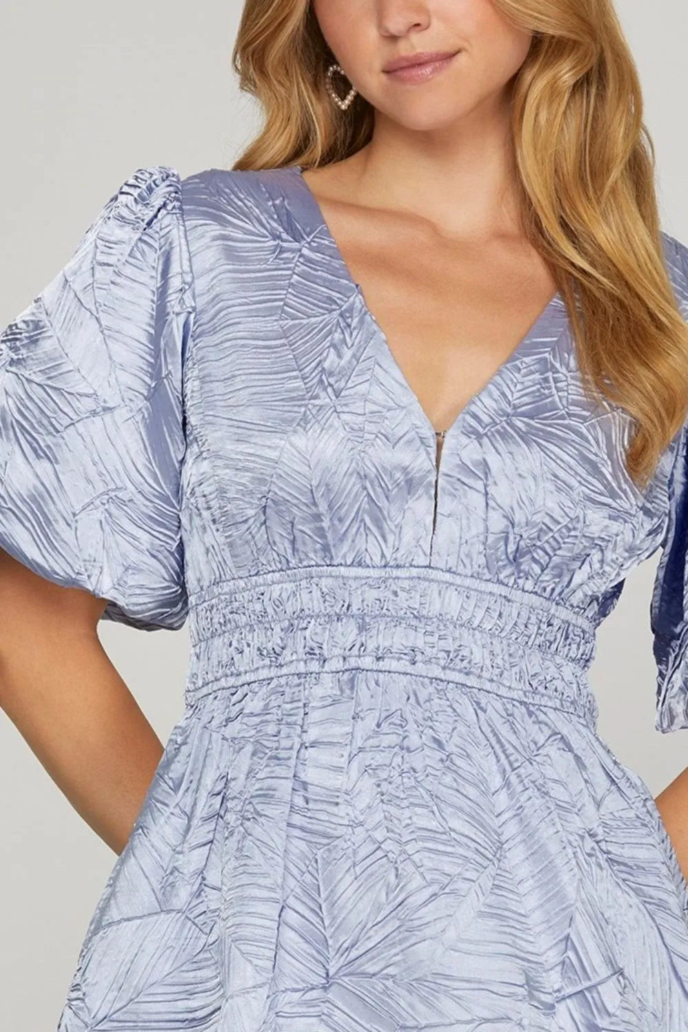 Crinkle Woven V-Neck Balloon Sleeve Mini Dress - Light Blue - product view 3