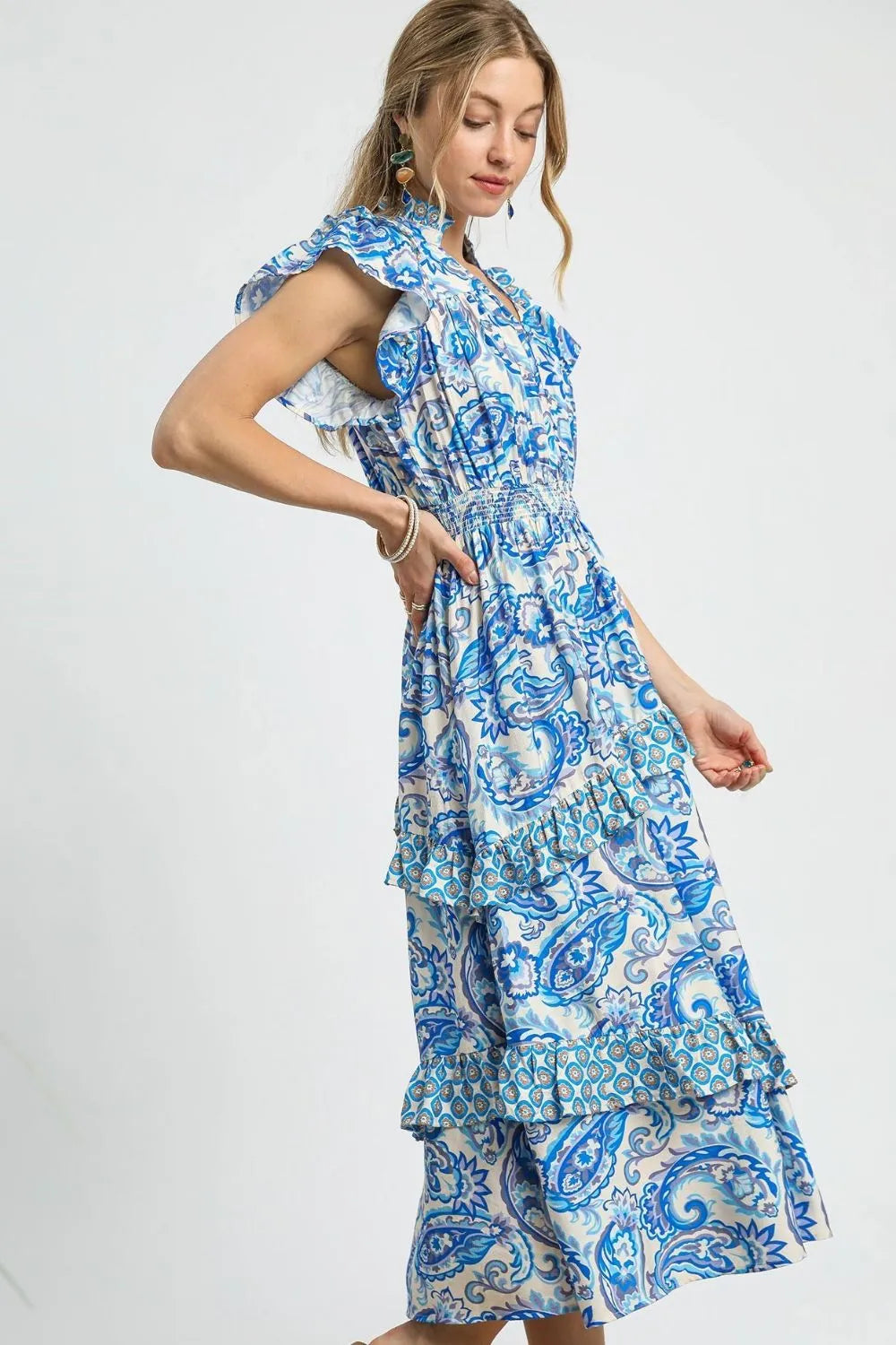 Paisley Print Ruffle Sleeve Midi Dress in Royal Blue - product view 3