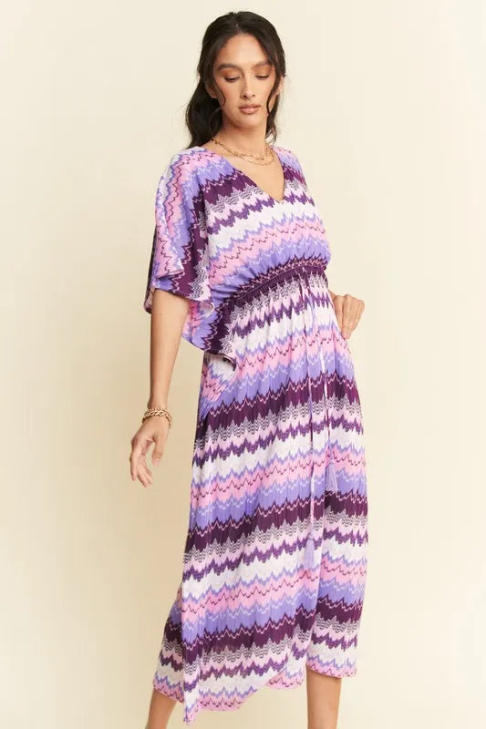 Multi Color Wavy Tie Waist Flowy Sleeve Dress - Lilac Multi - product view 9